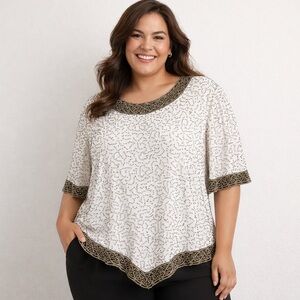 Laurence Kazar New York Silk Beaded Blouse Ivory Gunmetal Hand-Beaded Size 2X